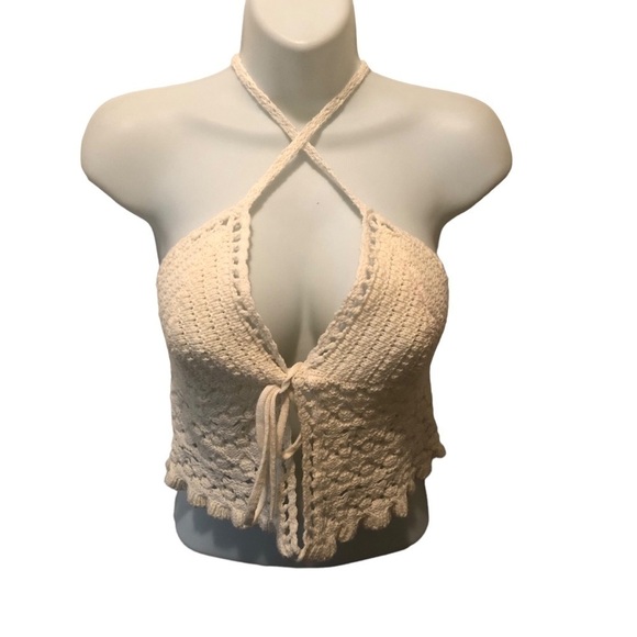 American Eagle Crochet Festival Cream Halter Top Sz. M Boho Chic Cropped Tied - Picture 2 of 10